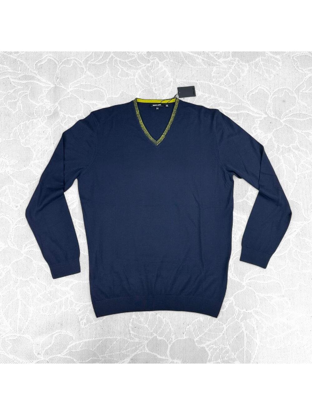 Jared Lang Navy Blue V-Neck Merino Wool Blend Sweater NWT - XXL